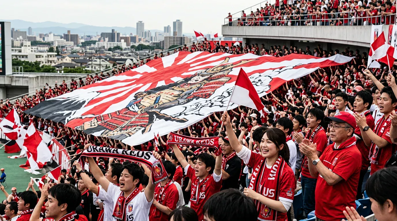 Afición de un club de la J1 League japonesa desplegando un tifo en las gradas durante una jornada
